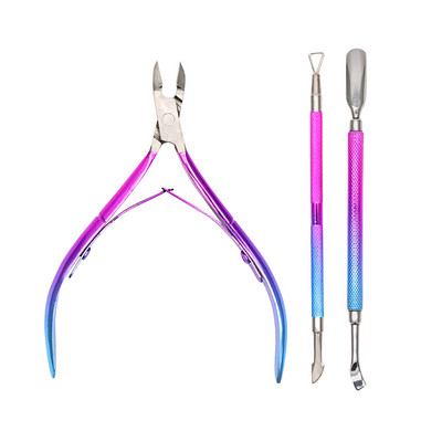 3 vnt./dėžutė Gradient Mėlyna nerūdijančio plieno odelių stūmimo žirklių rinkinys Nagų dailės manikiūro įrankiai Nagų stūmimo odelių nagų nuėmimo žnyplė