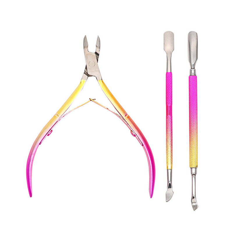 3 vnt./dėžutė Gradient Mėlyna nerūdijančio plieno odelių stūmimo žirklių rinkinys Nagų dailės manikiūro įrankiai Nagų stūmimo odelių nagų nuėmimo žnyplė
