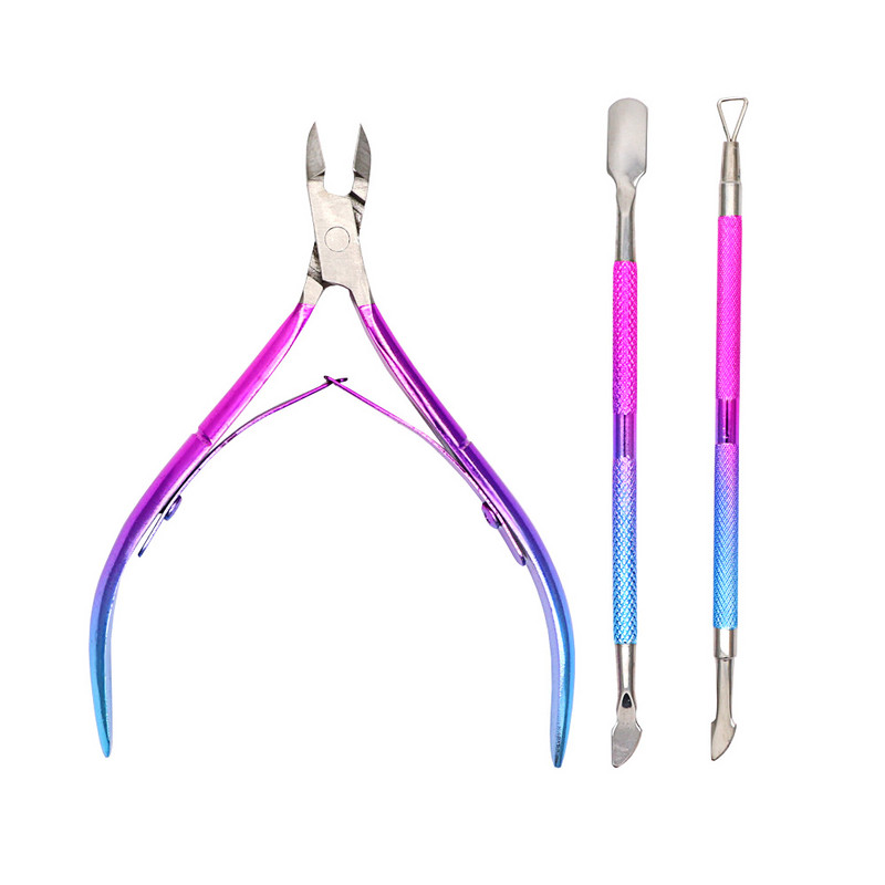 3 vnt./dėžutė Gradient Mėlyna nerūdijančio plieno odelių stūmimo žirklių rinkinys Nagų dailės manikiūro įrankiai Nagų stūmimo odelių nagų nuėmimo žnyplė