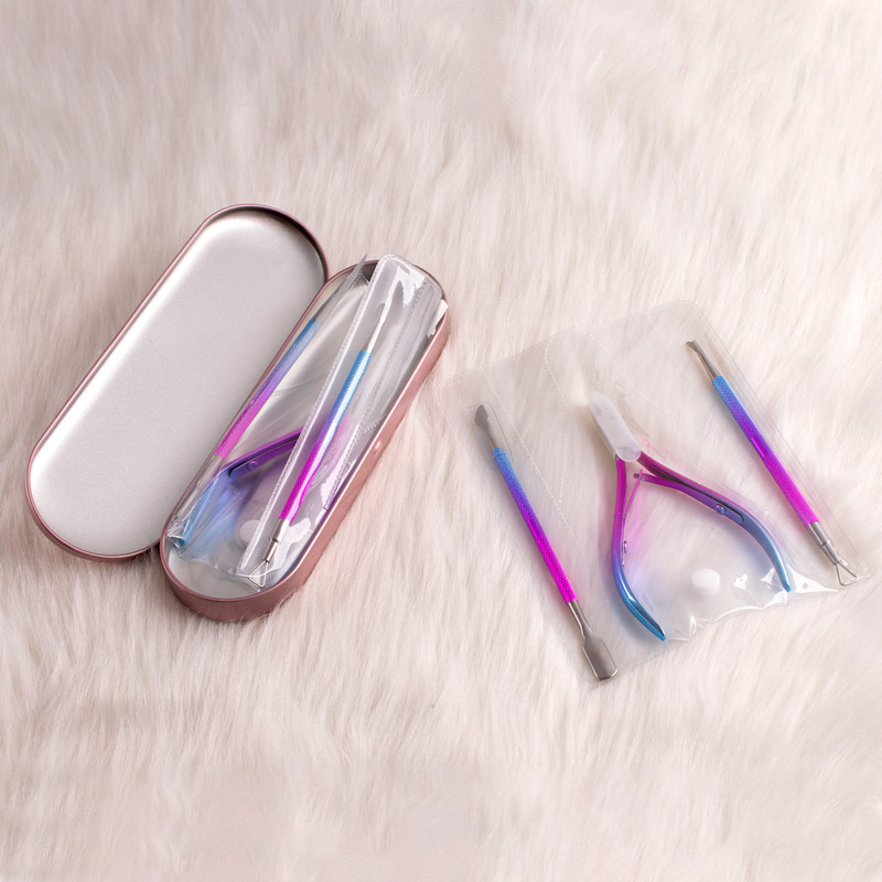 3 vnt./dėžutė Gradient Mėlyna nerūdijančio plieno odelių stūmimo žirklių rinkinys Nagų dailės manikiūro įrankiai Nagų stūmimo odelių nagų nuėmimo žnyplė