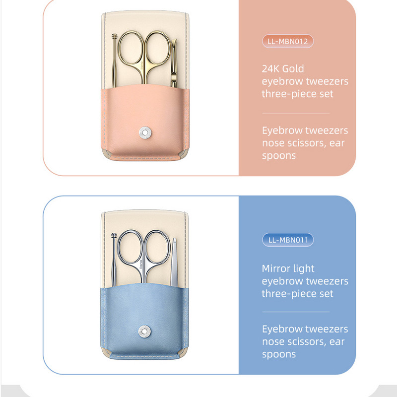 LLANO Instrument pentru tunderea sprâncenelor Clip oblic pentru sprâncene Linguriță pentru tăierea părului pentru urechi 3 în 1 Set de calitate superioară Instrumente de machiaj din oțel inoxidabil
