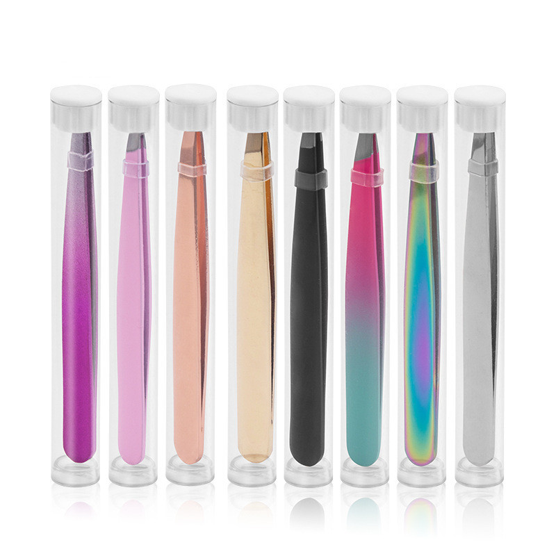 Clemă oblică pentru sprâncene din oțel inoxidabil Pensetă pentru sprâncene teșită Instrument de frumusețe cu tub