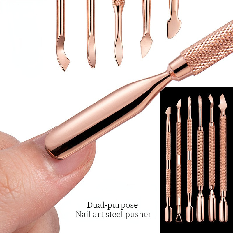 Új rozsdamentes acél Rose Gold Kétfejű Steel Pusher Dead Skin Olló Lakk Gél eltávolító Manikűr Pedikűr Körömápoló eszközök