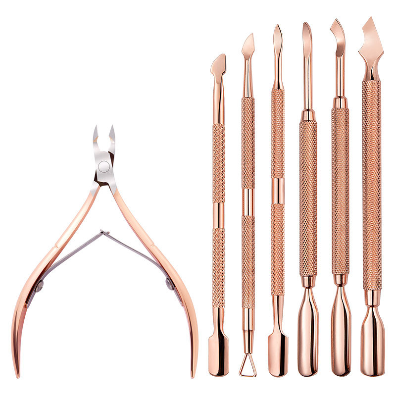 Új rozsdamentes acél Rose Gold Kétfejű Steel Pusher Dead Skin Olló Lakk Gél eltávolító Manikűr Pedikűr Körömápoló eszközök