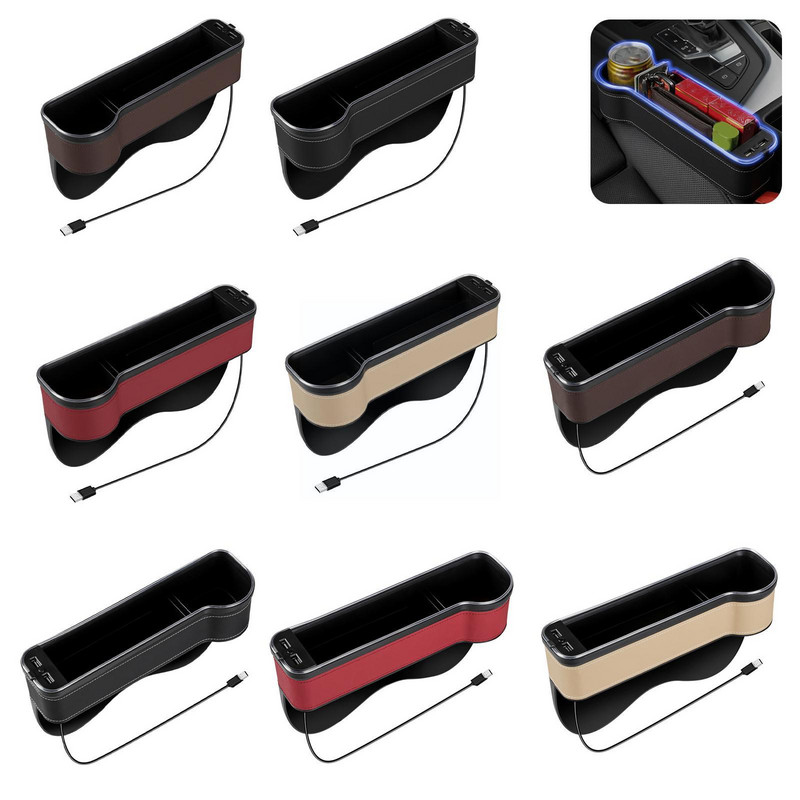 Depozitare în crăpături pentru scaune de mașină Încărcare USB dublă cu LED Gap Catcher pentru scaune Lumină Suport pentru pahare Slituri pentru carduri Aranjare ambientală Buzunar Stow L9D7