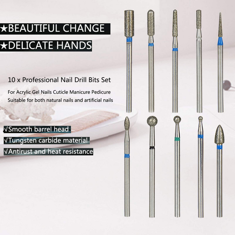 Set burghie pentru unghii Oțel tungsten 10 x 2,35 mm/ (3/32") Cap de șlefuit cu diamante din carbură pentru cuticule Burghie pentru unghii Îndepărtați unghiile acrilice