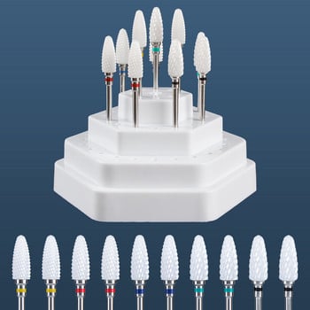 10 бр. Комплект свредла за нокти от керамичен карбид с държач за стойка Кутия Фреза за машина за маникюр, премахване на гел лак за нокти