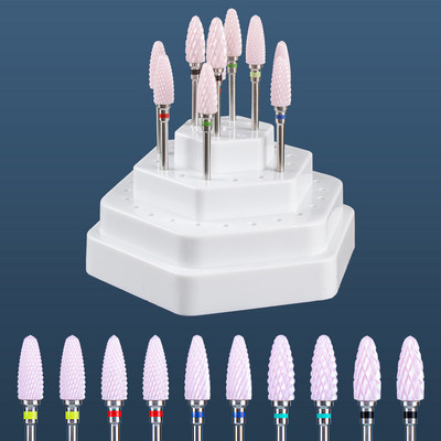 Set de burghie pentru unghii din carbură de ceramică, 10 buc, cu cutie de suport pentru suport, freză pentru mașină de manichiură pentru îndepărtarea bitului de lac de unghii cu gel