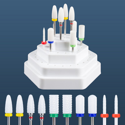 Set de burghie pentru unghii din carbură de ceramică, 10 buc, cu cutie de suport pentru suport, freză pentru mașină de manichiură pentru îndepărtarea bitului de lac de unghii cu gel