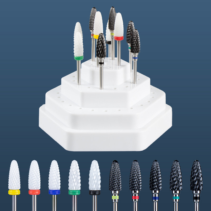 Set de burghie pentru unghii din carbură de ceramică, 10 buc, cu cutie de suport pentru suport, freză pentru mașină de manichiură pentru îndepărtarea bitului de lac de unghii cu gel