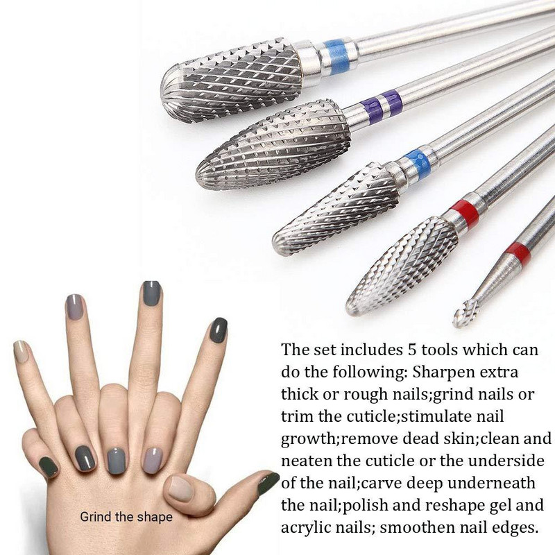 5 bucăți freză din oțel tungsten pentru manichiură, îndepărtarea gelului de lac, set de burghie pentru unghii