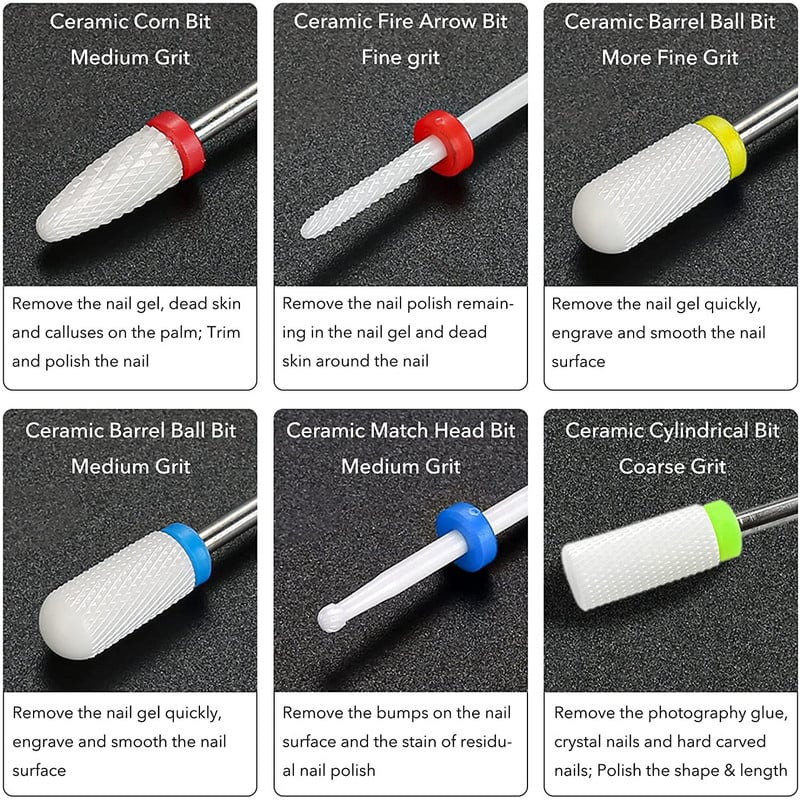 Set de freze combinate pentru manichiură, set de burghie pentru unghii din ceramică Instrumente electrice pentru lustruire cu gel