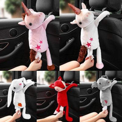 Plush Cartoon Animal Car Tissue Box Cute Unicorn Car Hanging Tissue Case Seat Back Tissue Organizer Napkin Paper Holder