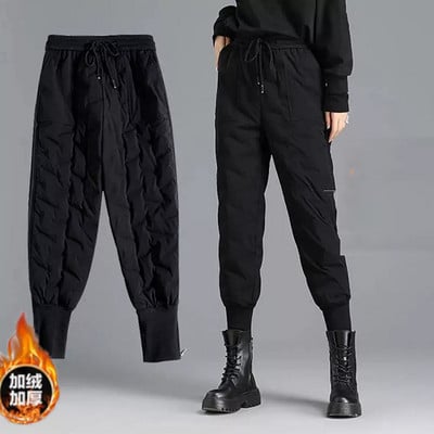 2022 Спортни панталони с висока талия Дамски зимни топли памучни панталони Черен дълъг панталон Ежедневни панталони с еластична талия Ветроустойчиви панталони