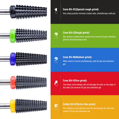 Burghiu negru 5 în 1 din ceramică pentru unghii pentru mașină de găurit electric Freză cu tijă de 3/32" Îndepărtare rapidă gel acrilic sau dur