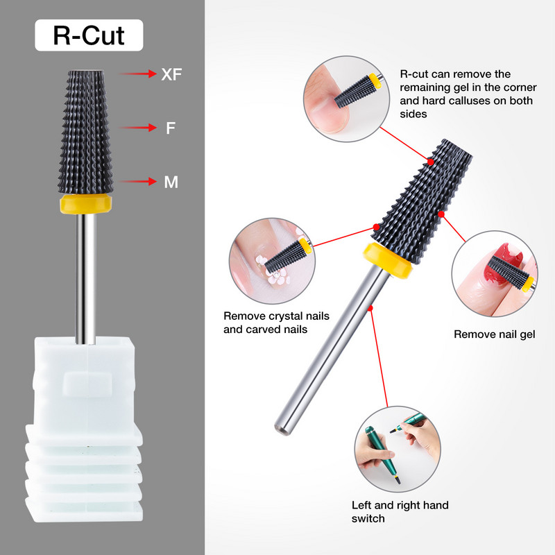 Burghiu negru 5 în 1 din ceramică pentru unghii pentru mașină de găurit electric Freză cu tijă de 3/32" Îndepărtare rapidă gel acrilic sau dur