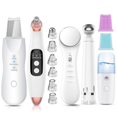 Scrubber cu ultrasunete pentru piele + Curățător electric de pori pentru îndepărtarea punctelor negre + Aburire de față cu spray Nano + instrument de masaj facial + Frumusețea ochilor