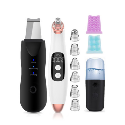 Scrubber cu ultrasunete pentru piele + Curățător electric de pori pentru îndepărtarea punctelor negre + Aburire de față cu spray Nano + instrument de masaj facial + Frumusețea ochilor