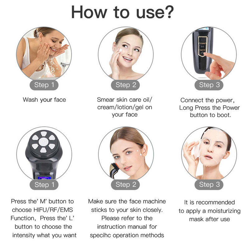 4 az 1-ben Mini HiFU gép Ultrahangos RF EMS Pulse Facial Beauty Device Neck Lifting Bőrfeszesítő Ránctalanító Arcmasszírozó