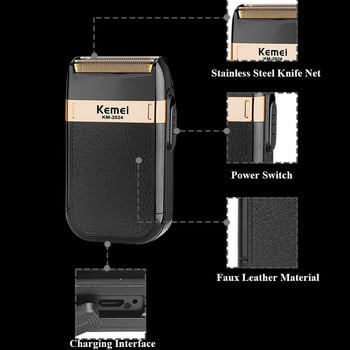 Електрическа самобръсначка Kemei за мъже с двойно острие, водоустойчива, безжична самобръсначка, USB акумулаторна машина за бръснене, фризьорски тример
