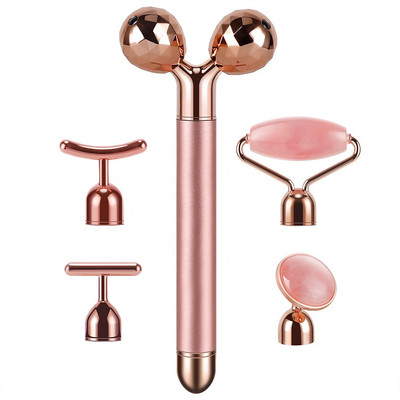5-u-1 24K Gold Beauty Bar Masažer za lice Električni vibrirajući rozenkvarcni 3D valjak za podizanje lica Gua Sha Jade valjak za tijelo