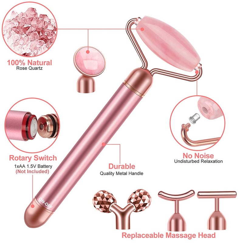5 az 1-ben 24K Gold Beauty Bar Arcmasszírozó Elektromos Vibráló Rózsakvarc 3D Roller Arc Emelő Test Arc Gua Sha Jade Roller