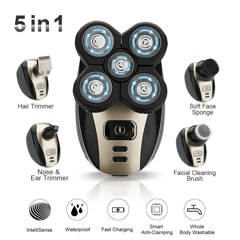 Aparat de ras electric 5 în 1 4D pentru bărbați, reîncărcabil, 5 capete plutitoare, barbă, nas, urechi, mașină de tuns păr, aparat de ras, perie facială