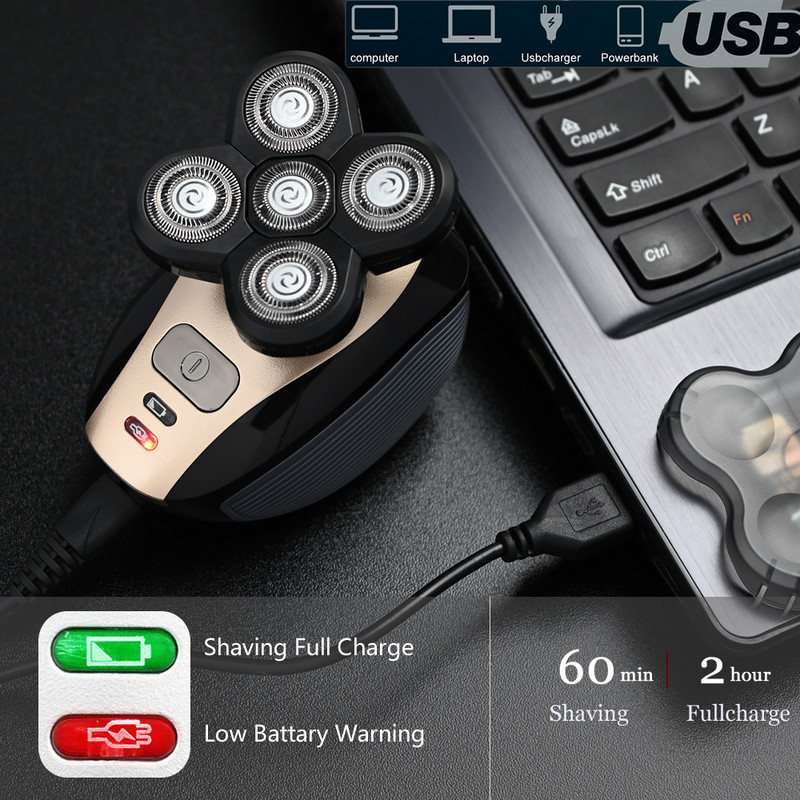 Új elektromos borotva férfiaknak, újratölthető elektromos borotva 5 úszófejes nedves és száraz szakállvágó hajvágó borotvagép