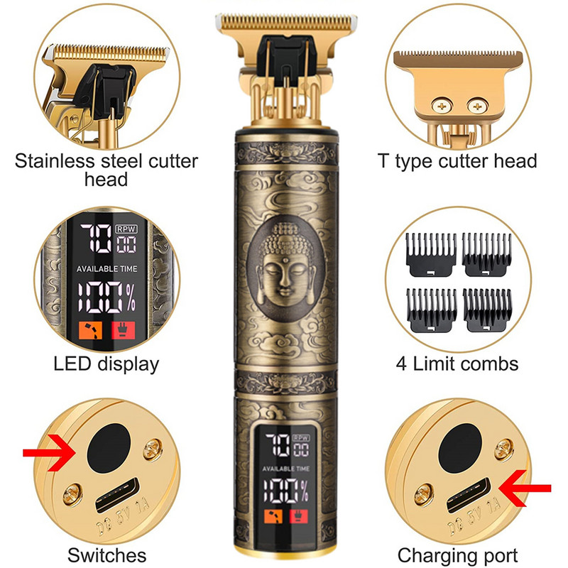 Electric Barber T9 Upgrade LCD Reîncărcabilă Retro Oil Head Sculpt Electric Push Shear Mașină de tuns păr pubian pentru femei