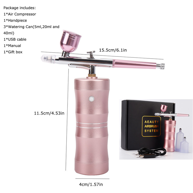 Kit de mini compresor de aer injector de oxigen, pistol de pulverizare pentru vopsea cu perie, aerograf pentru pulverizator de ceață nano, machiaj artistic, reîncărcabil prin USB