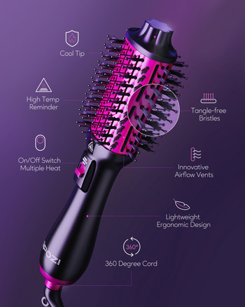 KIPOZI Hair Dryer Brush Negative Ion 3 in 1 Hot Air Dryer Styler and Volumizer Pro Hair Straightener Curler Blow Dryer Brush