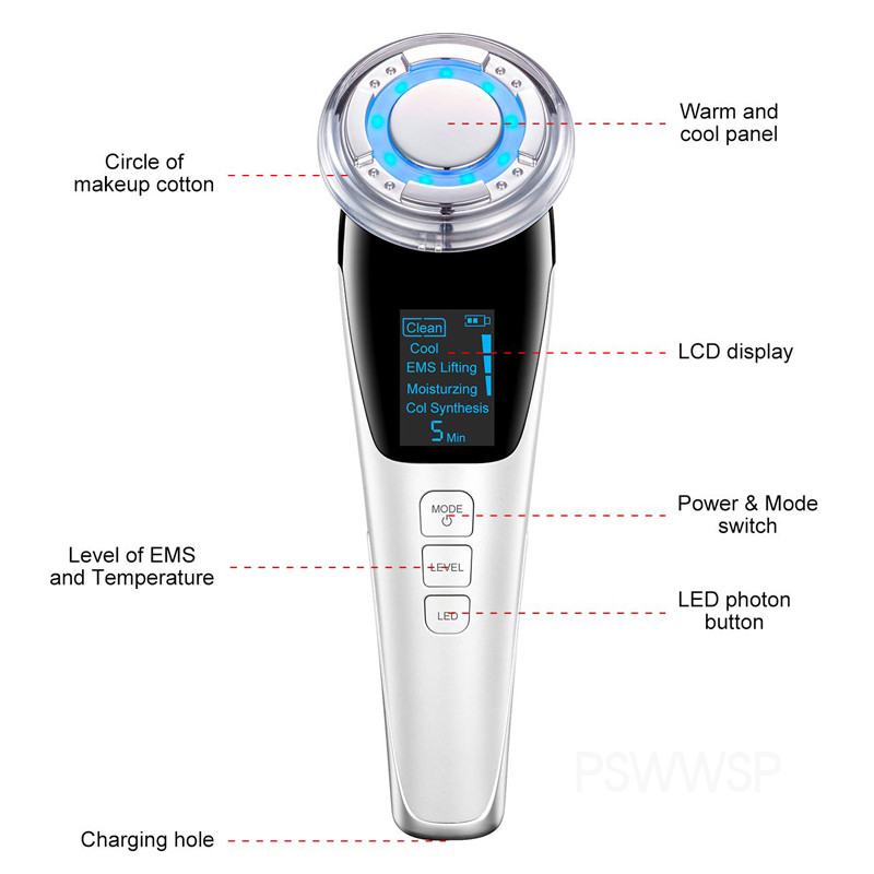 EMS Arcmasszírozó LED Fényterápia Vibrációs Ránctalanítás Bőrfeszesítő Hot Cool kezelés Bőrápoló Arc Beauty Készülék
