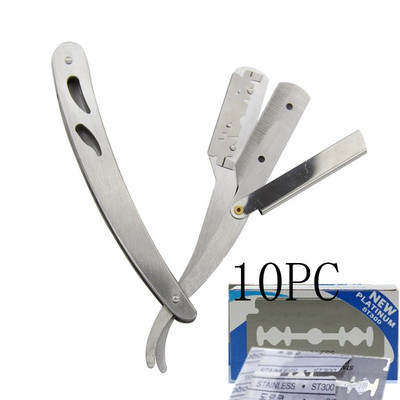 Profesionalus nerūdijančio plieno barzdaskutis su tiesiu kraštu su 10 vieno krašto skustuvo peiliukų