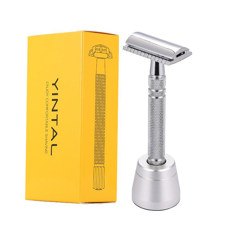 YINTAL Bright Silver Bărbierit clasic pentru bărbați, manual, pe două fețe, cu mâner lung, aparat de ras de siguranță Ras 1 aparat de ras Ambalare simplă