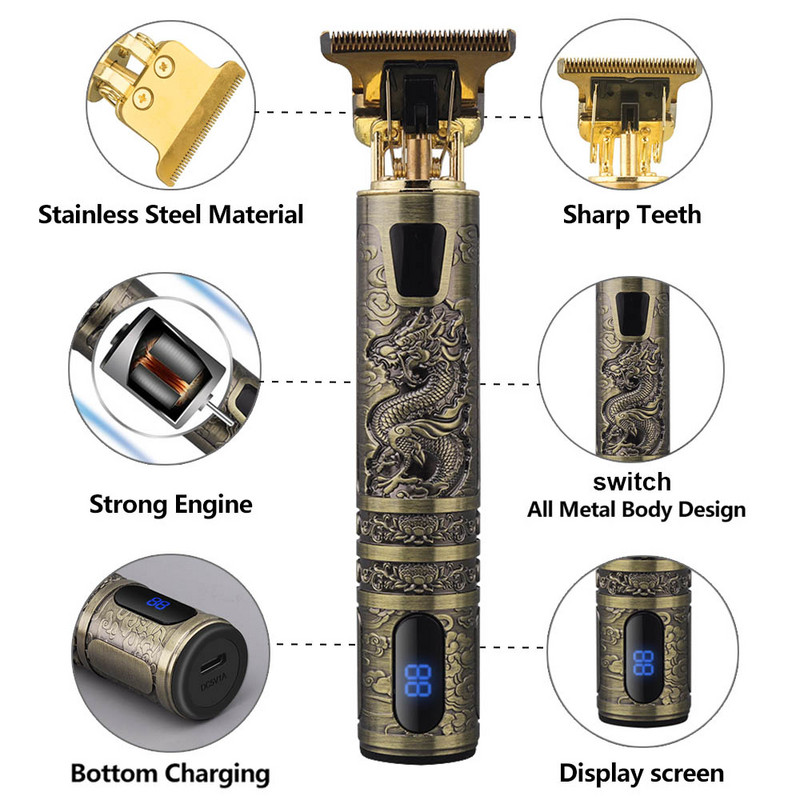 Stroj za šišanje T9 Vintage Hair Trimmer za muškarce Brijač Profesionalni upaljači za šišanje, USB punjivi električni brijač za bradu