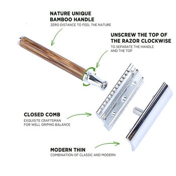 Винтидж самобръсначка от неръждаема стомана Двустранно острие Бамбукова дръжка Ръчно обезопасено острие Самобръсначка