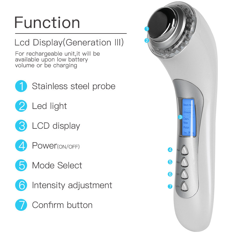 5 az 1-ben Bőrmegújító rendszer Skin Beauty Care Tool Ultrahangos nagyfrekvenciás ionos LED Photon személyi kézi arcmasszírozó
