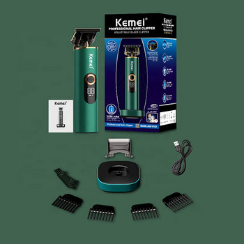 Kemei T9 Професионален тример за коса за мъже T-Blade 0 mm Zero Gapped Clipper Finish Машина за подстригване със зарядна основа Запалка