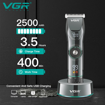 Машина за подстригване VGR Регулируема машина за подстригване Безжична машинка за подстригване Електрическа бръснарка Тример с LED дисплей за мъже с основа V-256