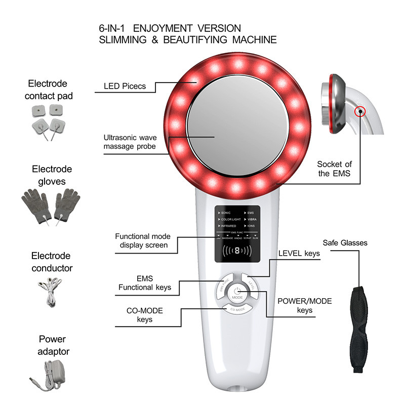 Mașină de modelare a corpului 6 în 1 EMS Masaj de slăbit pentru dispozitiv de îndepărtare a grăsimilor din stomac Dispozitiv de îngrijire a pielii cu lumină roșie albastră pentru brațul feței