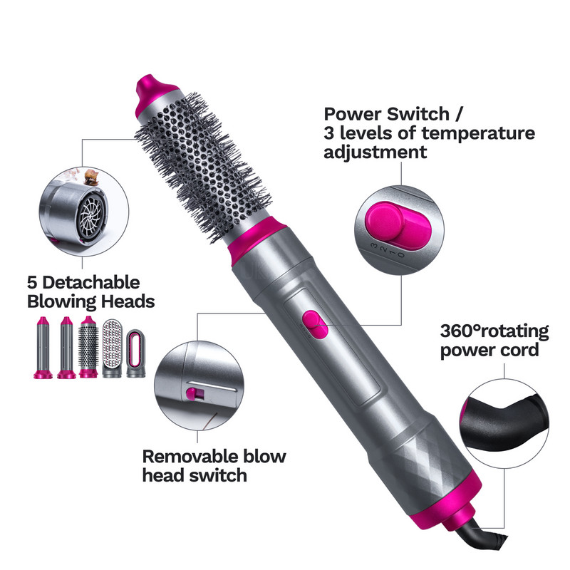 5-ühes juuksekujundaja Professionaalne föönihari elektriline fööni kuumaõhukamm õhuga kujundav lokirull, automaatne juuksekoolutaja
