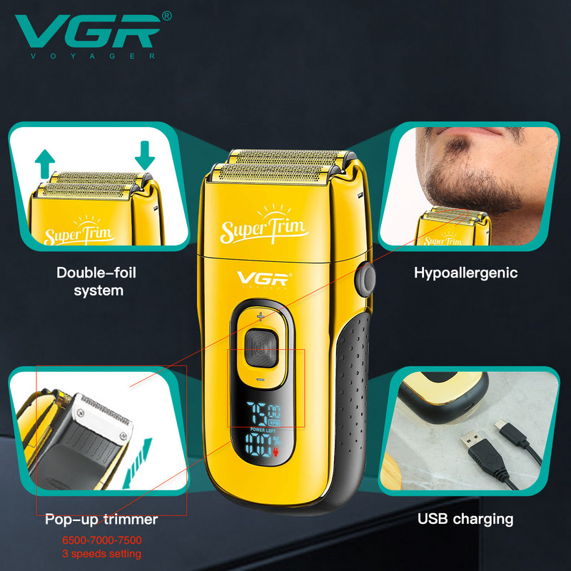 VGR Beard Trimmer Professional Beard Razors Electric Beard Shaver Digital Display Razors Silver Zero Cutting Machine V-332