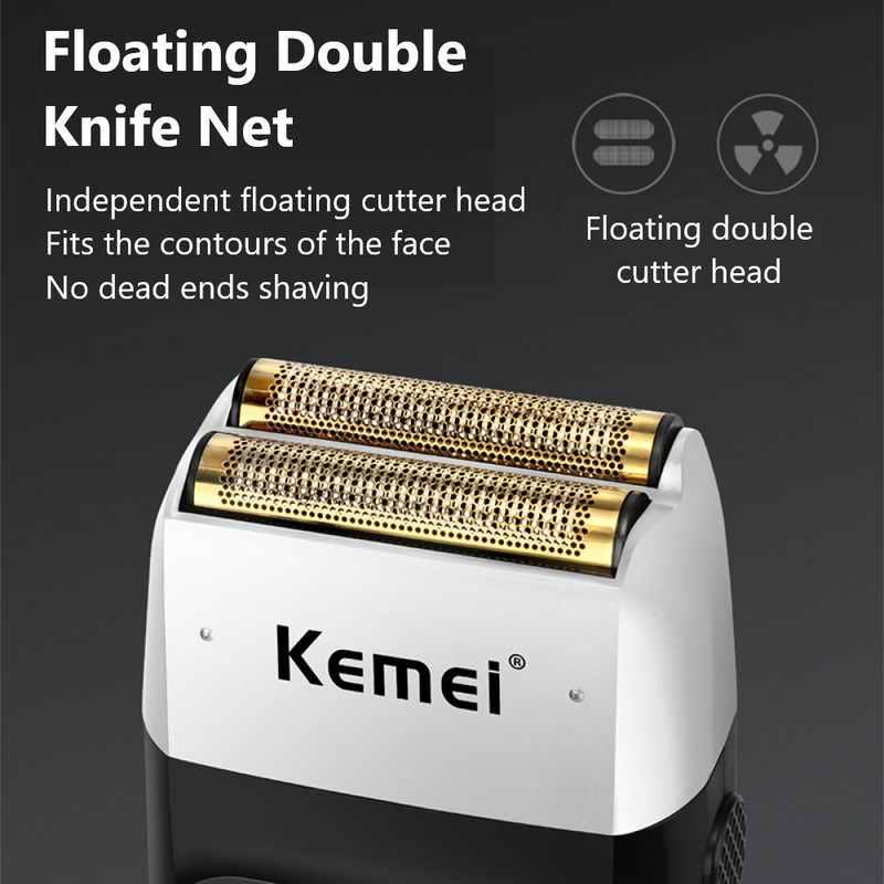 Kemei elektrinis skustuvas įkraunamas barzdos žirklės vyrų skutimosi mašina su dvigubu tinkleliu, plaunamas slankiojamasis skustuvas Li-on 5W KM-2026