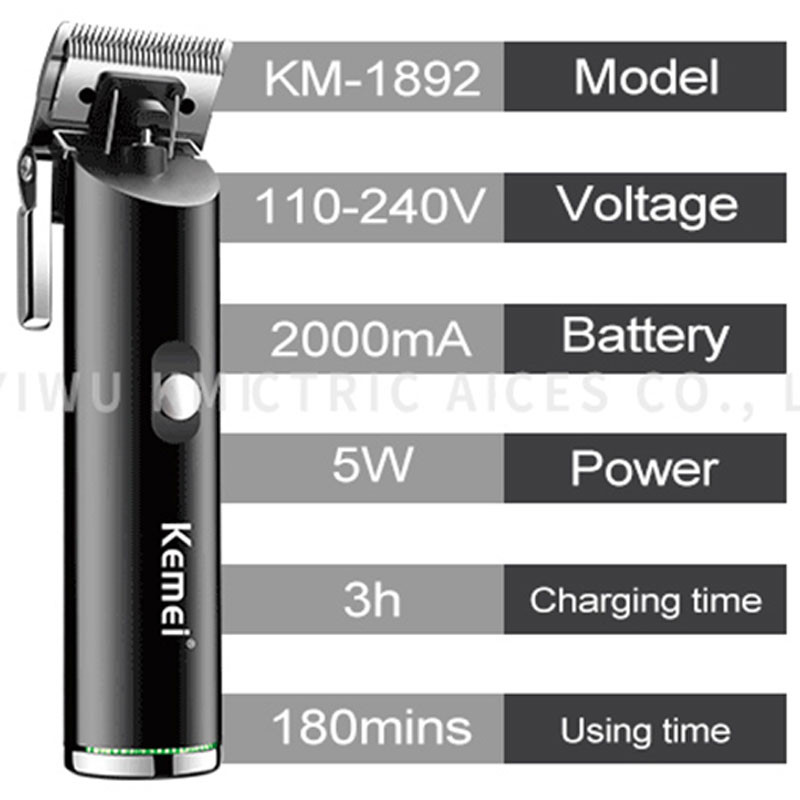 Kemei 1892 Galinga belaidė plaukų kirpimo mašinėlė elektrinis metalinis korpusas profesionalus kirpėjas plaukų kirpimo mašina barzdos plaukų kirpimo mašina