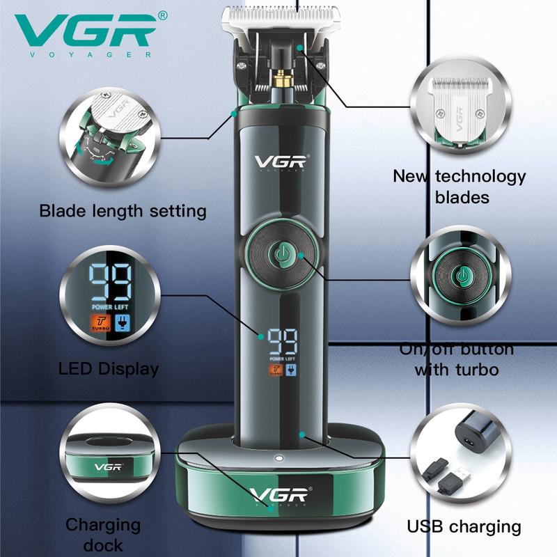 VGR hajvágó újratölthető hajvágó akkus hajvágógép elektromos hajvágó digitális kijelzős férfi vágógép V-671