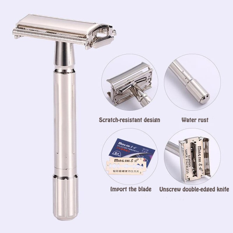 Ξυριστική μηχανή ανδρών Εργαλεία κουρείου Ρυθμιζόμενη ξυριστική μηχανή ασφαλείας Ξυράφι διπλής άκρης από ανοξείδωτο χάλυβα Κλασική ανδρική ξυριστική μηχανή αποτρίχωσης