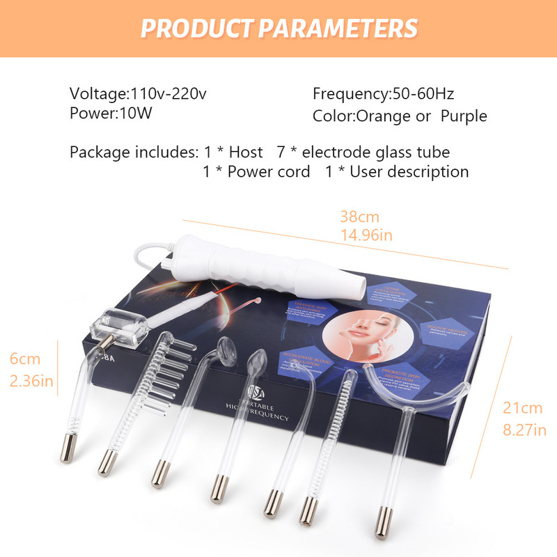 Baghetă cu electrod de înaltă frecvență 7 în 1 Tub de sticlă pentru electroterapie Dispozitiv de înfrumusețare Dispozitiv de îndepărtare a acneei Față Păr Corp Îngrijirea pielii Strângerea pielii