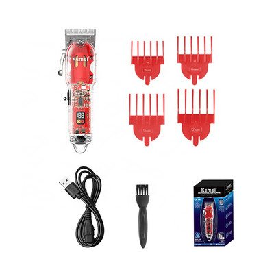 „Kemei“ įkraunama plaukų kirpimo mašina kirpykla „Fade“ plaukų kirpimo mašinėlės 10 W belaidė kirpimo mašinėlė permatomas dangtelis raudonas pagrindas KM-1761