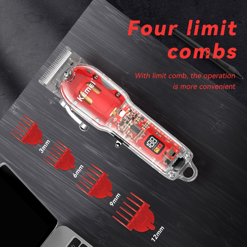 Kemei punjiva mašina za šišanje Brijačnica Fade Mašinice za šišanje 10 W bežični trimer s prozirnim poklopcem, crvena baza KM-1761