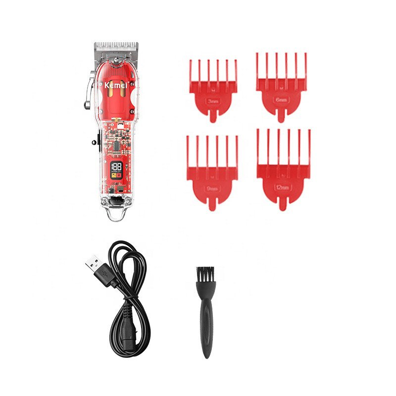 Kemei punjiva mašina za šišanje Brijačnica Fade Mašinice za šišanje 10 W bežični trimer s prozirnim poklopcem, crvena baza KM-1761